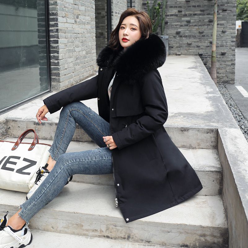 Women's Clothing new winter cotton padded coat, medium length, large fur collar, velvet lining, overcoat, cotton padded coat, trendy for women_ecoleips.com