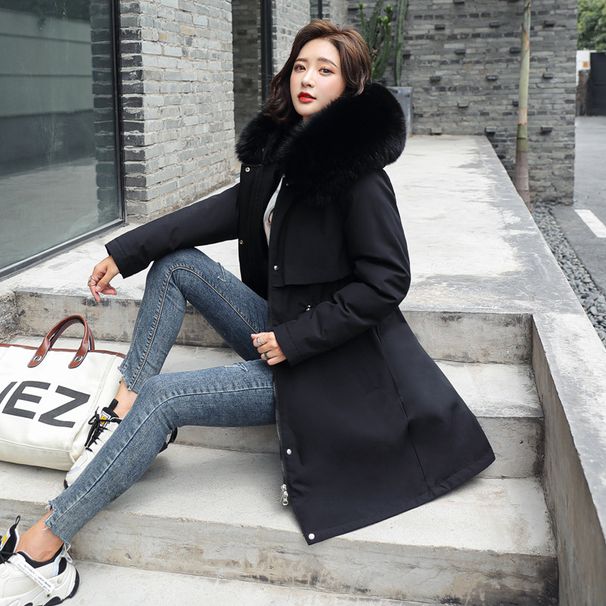 Women's Clothing new winter cotton padded coat, medium length, large fur collar, velvet lining, overcoat, cotton padded coat, trendy for women_ecoleips.com
