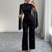 Women's Clothing Women's Elegant Chiffon Jumpsuit Style Spring Autumn Sequined Semi High Neck Long Sleeve Solid Color Romper_ecoleips.com