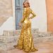 "Elegant Long Sleeve Sequined Evening Dress – Purple & Gold Round Neck Glam Gown For Parties & Special Occasions"_ecoleips.com