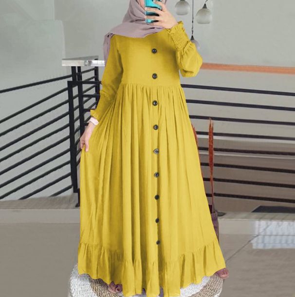 Spring Autumn New Muslim Cotton And Art Casual Loose Size Round Neck Ruffled Dress_ecoleips.com