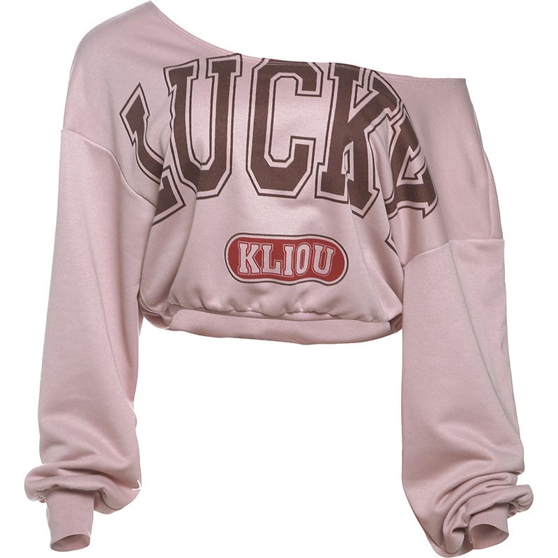 Women's Clothing Autumn And Winter New Personalized Letter Printing Casual Oblique Shoulder Loose Navel Baring Long Sleeved T Shirt_ecoleips.com