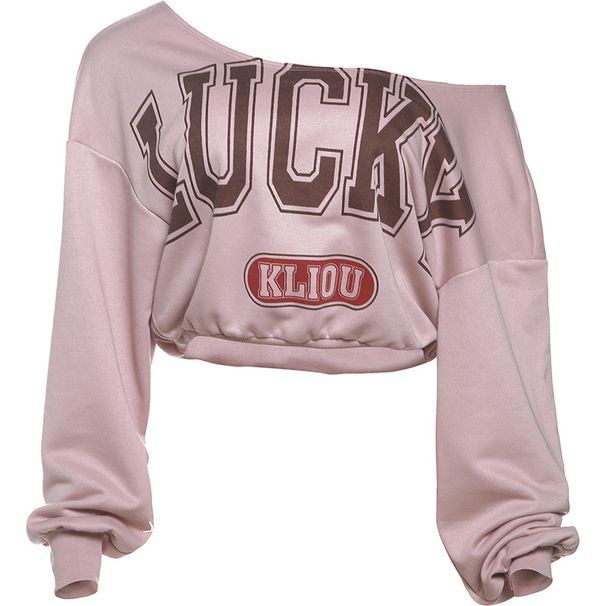 Women's Clothing Autumn And Winter New Personalized Letter Printing Casual Oblique Shoulder Loose Navel Baring Long Sleeved T Shirt_ecoleips.com