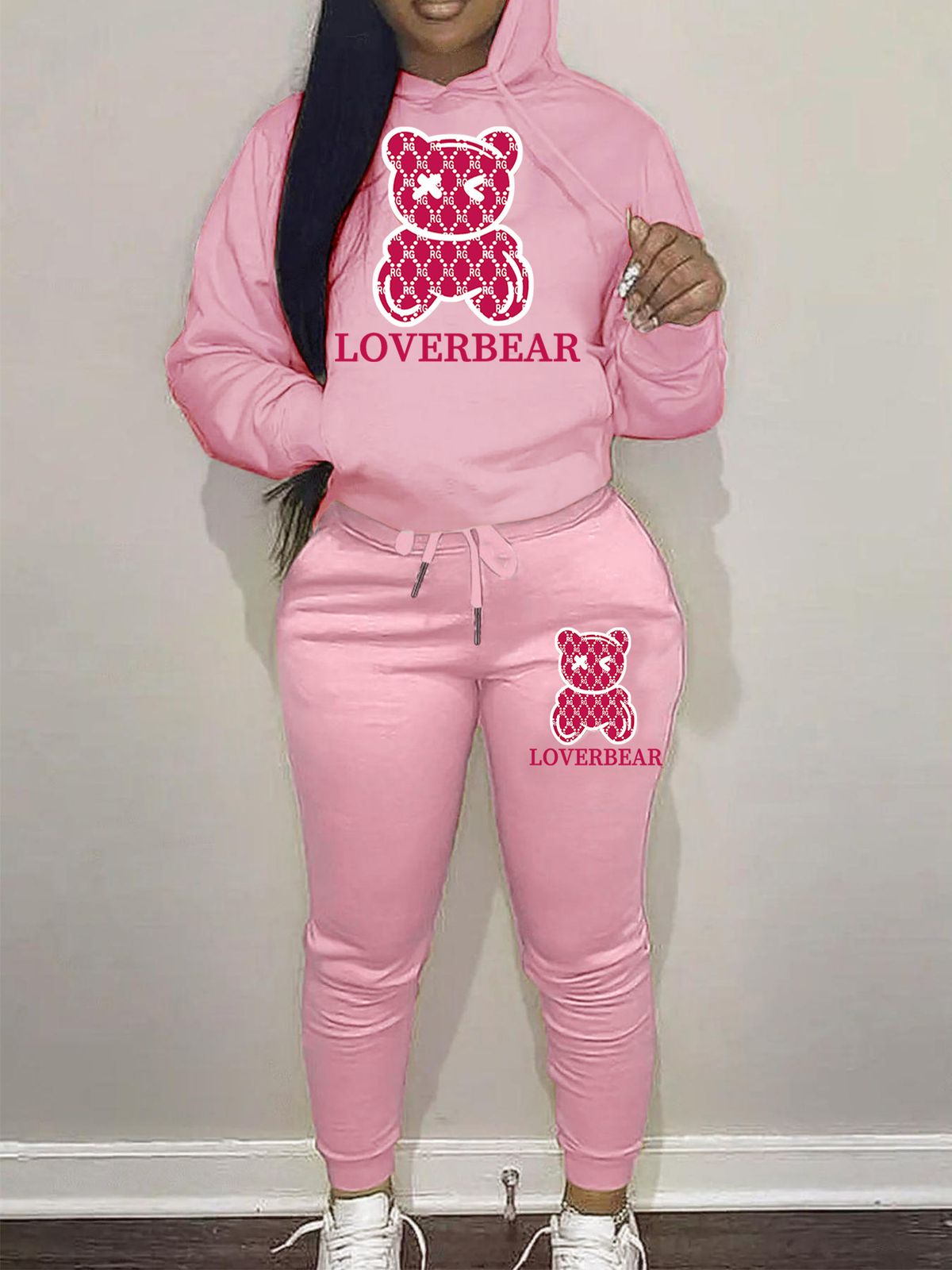 Women's Cartoon Bear Print Two Piece Set Long Sleeved Hoodie And Jogging Pants Drawstring Closure_ecoleips.com