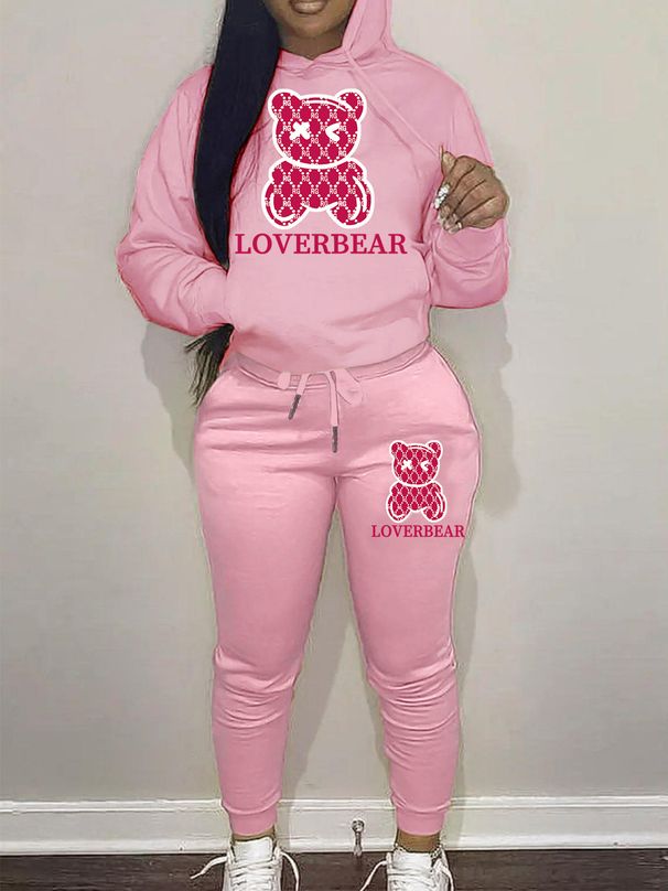 Women's Cartoon Bear Print Two Piece Set Long Sleeved Hoodie And Jogging Pants Drawstring Closure_ecoleips.com