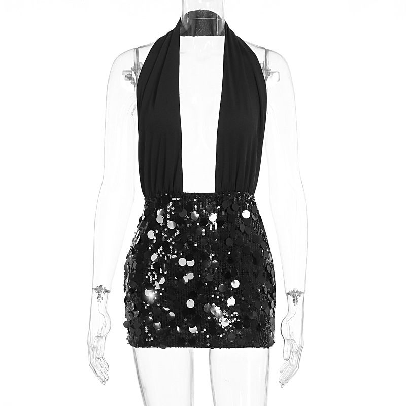 Women's Sparkly Sequin Halter Neck Backless Sleeveless Bodycon Dress Elegant Luxury Style High End Dinner Party Cocktail Evening Dress_ecoleips.com