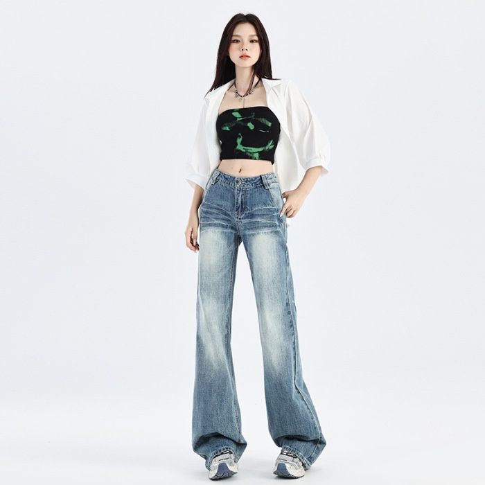 Attention-Grabbing Moment: American Retro Cracked Denim Jeans For Women, Spring Season, Low-Waisted, Wide-Leg,_ecoleips.com