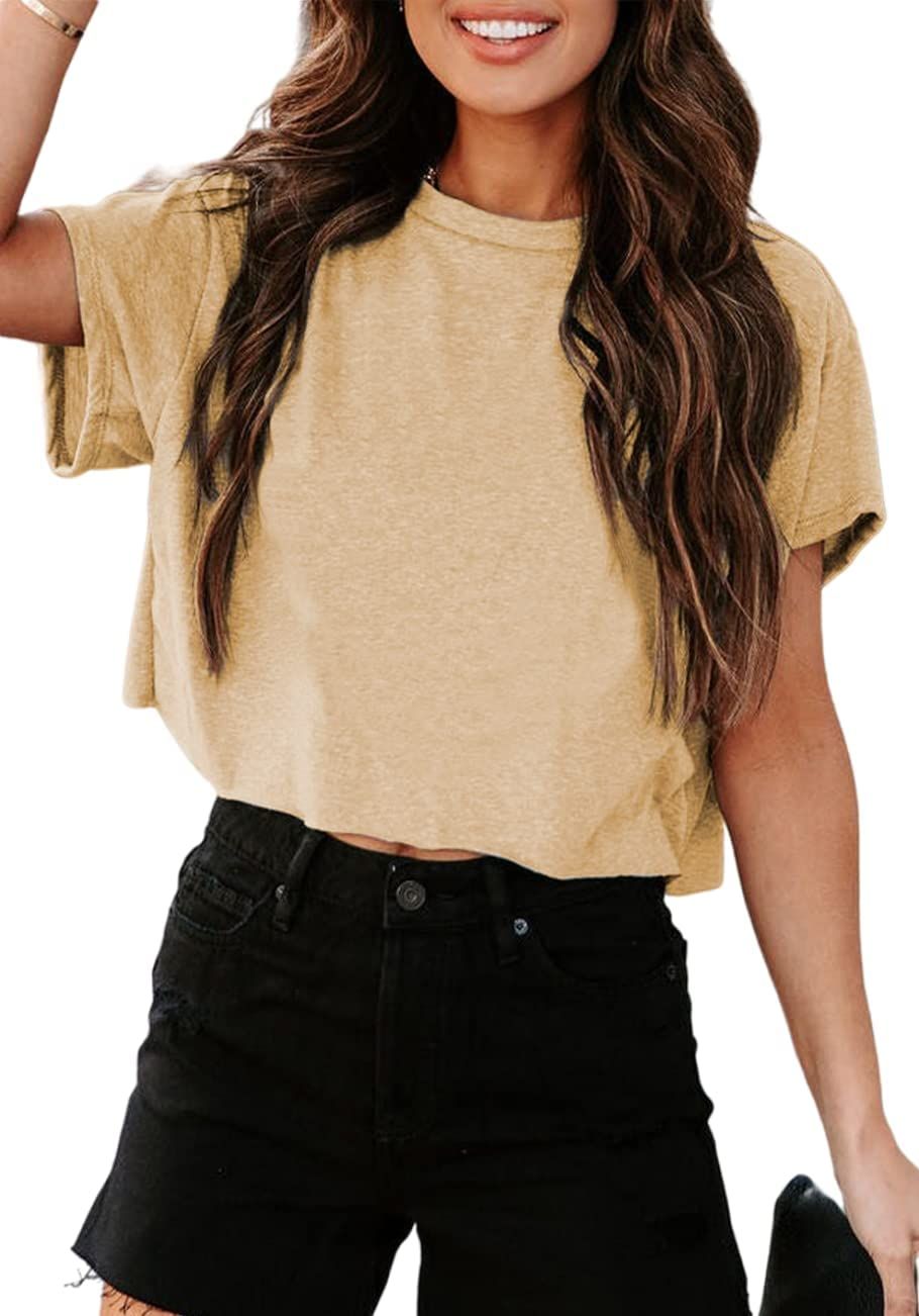 Tankaneo Women Short Sleeve Cropped T-Shirts Crew Neck Loose Crop Tops Summer Casual Drop Shoulder Basic Tees_ecoleips.com