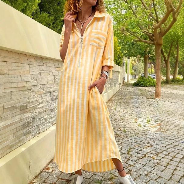 Women's Clothing Casual Stripe Shirt Dress With Zipper Pockets, Long Sleeve Relaxed Fit A-Line Tunic Dress_ecoleips.com