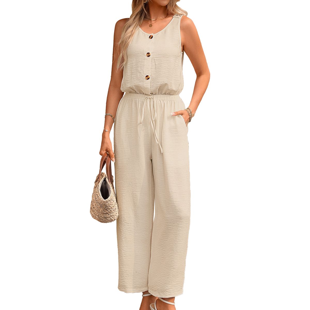 Women's Clothing Women's Solid Color Button Round Neck Elastic Waist Loose Jumpsuit Spring Summer For Formal & Casual_ecoleips.com