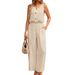 Women's Clothing Women's Solid Color Button Round Neck Elastic Waist Loose Jumpsuit Spring Summer For Formal & Casual_ecoleips.com