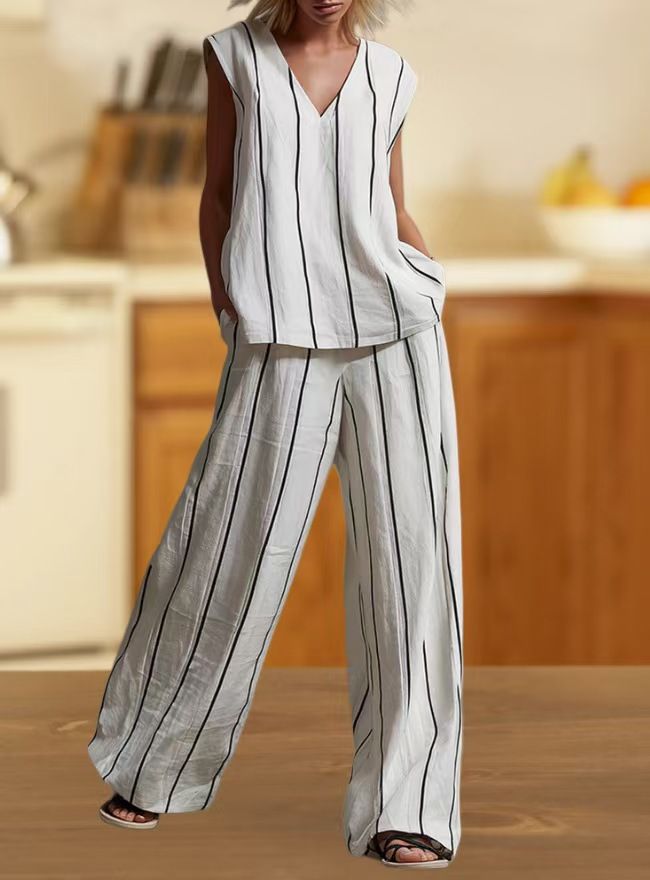 Women's 3D Stripe Linen-Look Lounge Set Sleeveless V-Neck Top Wide-Leg Pants Multiple Colors_ecoleips.com