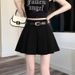 High Waisted Black Wool Pleated Mini Skirt with Belt Anti Exposure Design Korean Style Versatile A-Line Women's Bottoms_ecoleips.com