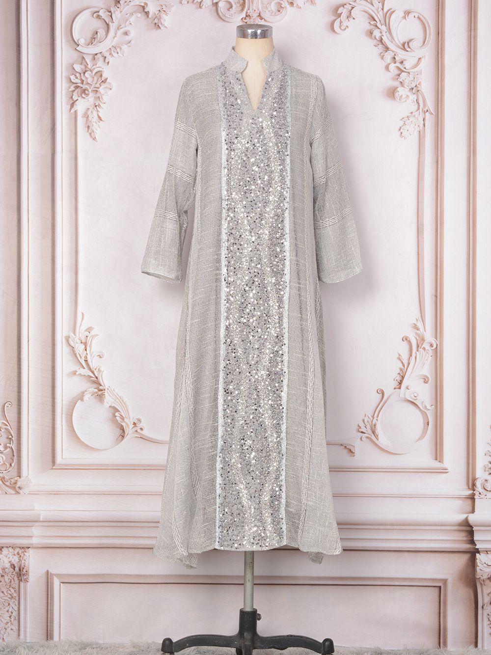 Women's New Sequined Fashion Muslin Dress Kaftan Mesh Abaya Dress_ecoleips.com