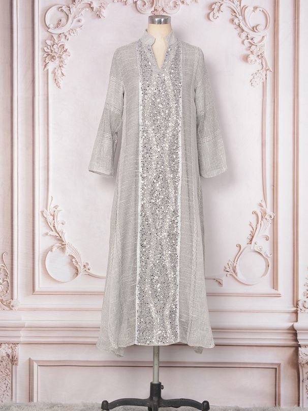 Women's New Sequined Fashion Muslin Dress Kaftan Mesh Abaya Dress_ecoleips.com