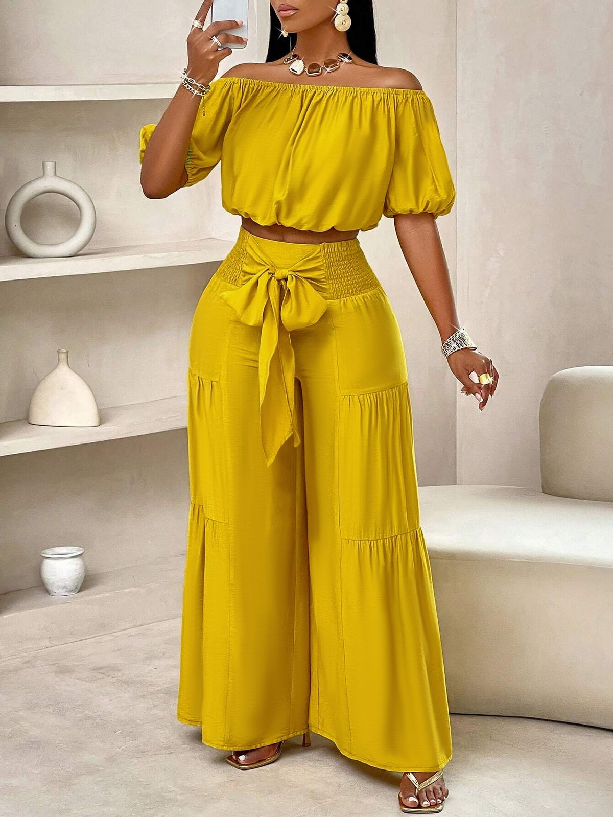 Women's Clothing Wide Leg Pants For Commuting High Waist Green Flared Strappy Drape Pants_ecoleips.com