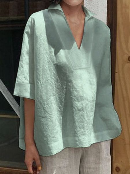 Women's Clothing Spring And Summer V Neck Cotton And Linen All Match Solid Color Large Size Loose Mid Sleeve Women's Shirt_ecoleips.com
