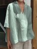 2025 Spring Summer V-neck Cotton Linen Versatile Solid Color Plus Size Loose Mid-sleeve Women's Shirt_ecoleips.com