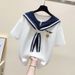 Women's Clothing Fashionable Women's Style Set Embroidered Letter Collar Sailor Suit Short Sleeve Top With Ethnic Trendy Jeans_ecoleips.com