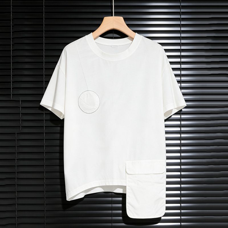 Women's Clothing American Style Loose Fit Short Sleeve T-Shirt Large Pockets Solid Color Patchwork Round Neck Slimming Top Summer_ecoleips.com
