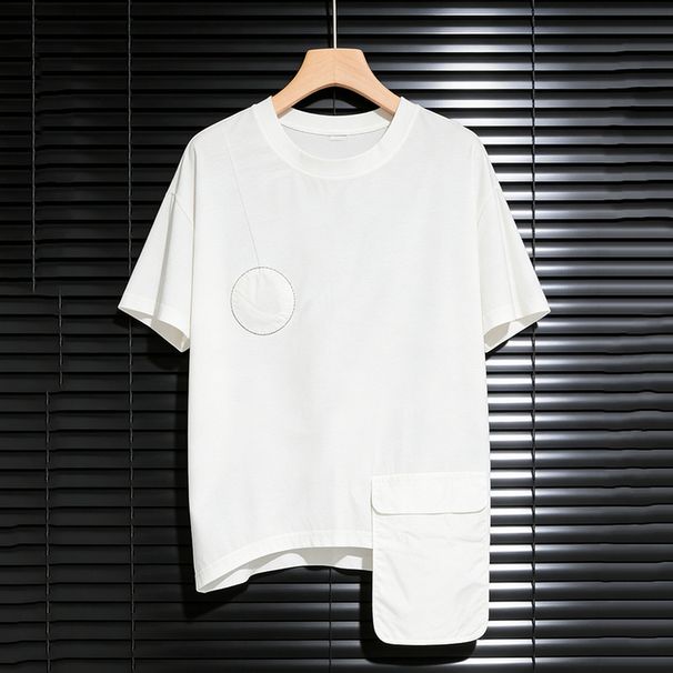 Women's Clothing American Style Loose Fit Short Sleeve T-Shirt Large Pockets Solid Color Patchwork Round Neck Slimming Top Summer_ecoleips.com