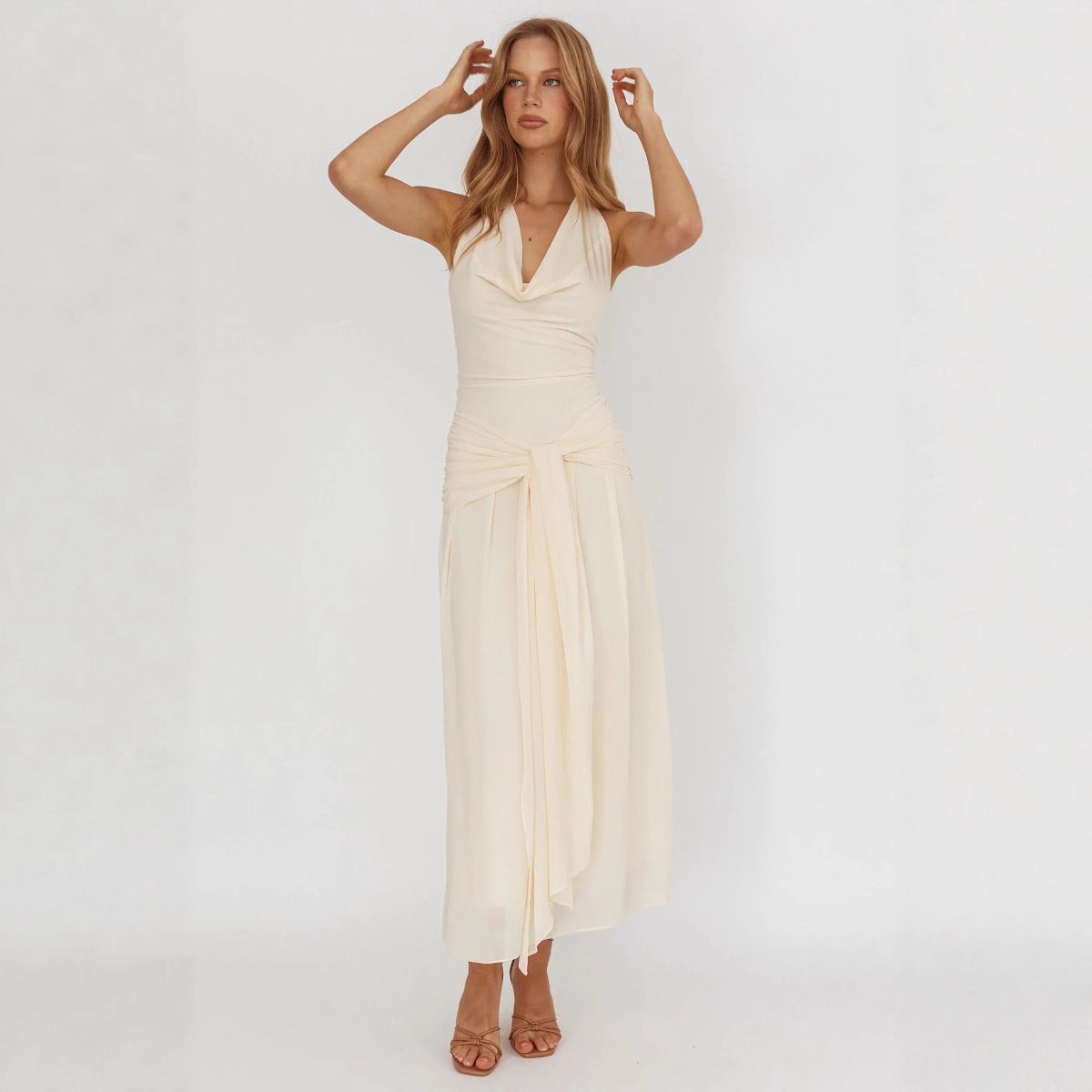 Women's Halter Neck Long Dress Summer Fashion Solid Color Street Style Fairy Waist Belt Cross Border Wholesale_ecoleips.com