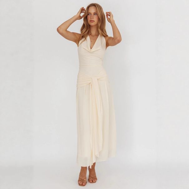 Women's Halter Neck Long Dress Summer Fashion Solid Color Street Style Fairy Waist Belt Cross Border Wholesale_ecoleips.com