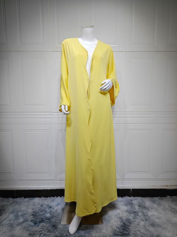 "GraElegant Modest Abaya Dress – Long Sleeve Open Front Cover (S-XXL, Solid Yellow) – Dubai Inspired Islamic Fashion_ecoleips.com