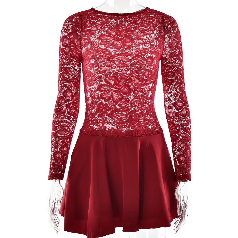 Women Elegant Long Sleeve Mini Dress, Classic Crew Neck, Hollow‑Out Lace Patchwork, Ruffle Hem Detail, Slim‑Fit Silhouette_ecoleips.com