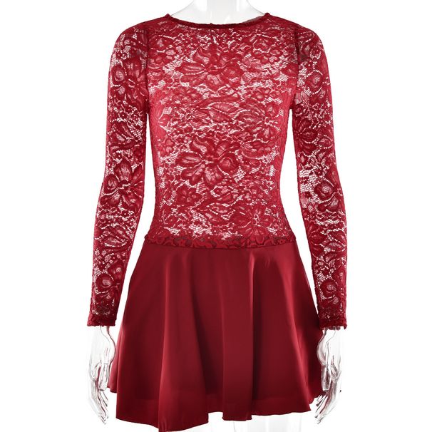 Women Elegant Long Sleeve Mini Dress, Classic Crew Neck, Hollow‑Out Lace Patchwork, Ruffle Hem Detail, Slim‑Fit Silhouette_ecoleips.com