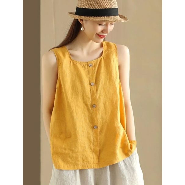 Voya Cotton And Linen Sleeveless T-shirt, This Summer's Simple Button-decorated Vest, Versatile Loose-fitting Vest T-shirt_ecoleips.com