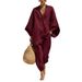 Women's Breathable Summer Lounge Set Linen Blend Batwing Sleeve V-Neck Tunic Wide-Leg Pants Casual Comfortable Fabric_ecoleips.com