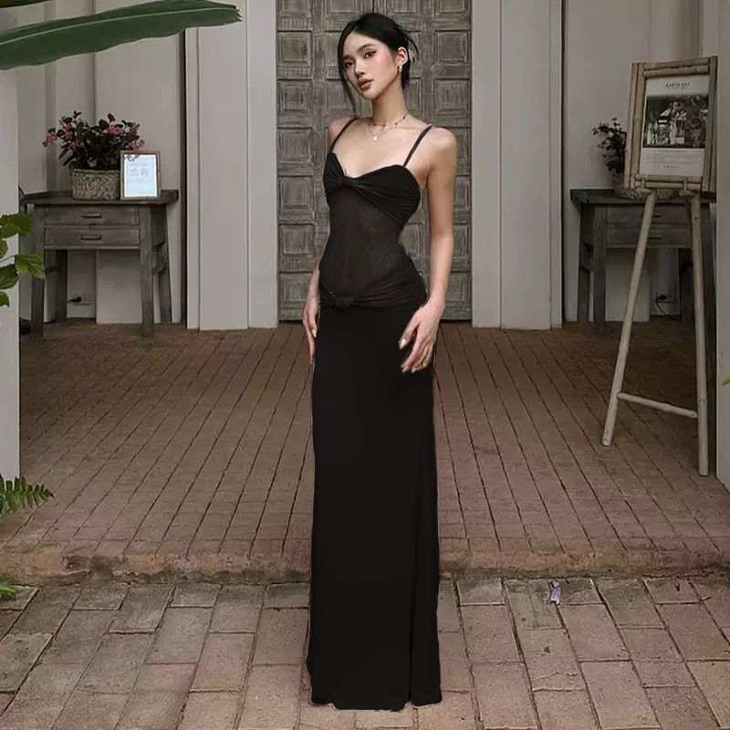 Summer Lace Slit Wrap Dress – Sexy High-Waist Slit Maxi Dress With Twist Knot Detail (S-L, Black/Beige, Stretchy Polyester Elegant Evening)_ecoleips.com