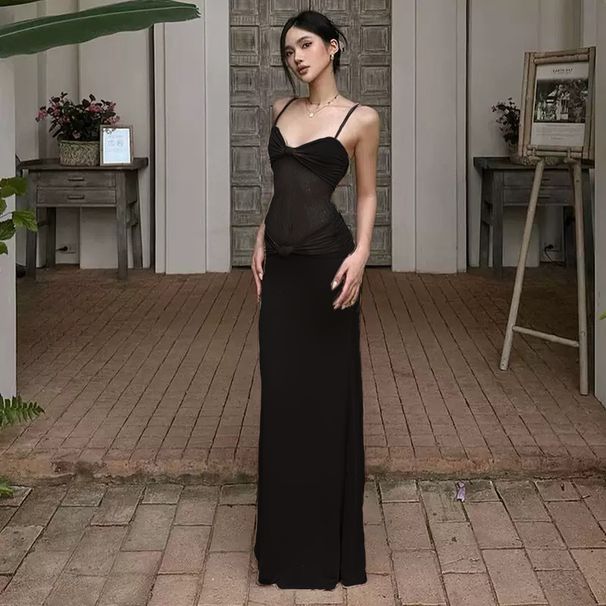 Summer Lace Slit Wrap Dress – Sexy High-Waist Slit Maxi Dress With Twist Knot Detail (S-L, Black/Beige, Stretchy Polyester Elegant Evening)_ecoleips.com