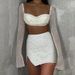 FY22396 Knitted Beaded Square Neck Long Sleeve And Short Set Spring Women's Sexy Crop Top Skirt_ecoleips.com