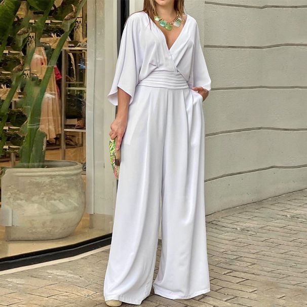 Women's Clothing Large Size Women's Ins Wide Leg Solid Color V-neck Simple Fashion Jumpsuit_ecoleips.com