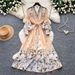 Women's French Romantic Style Slim Fit Dress Long Sleeve V Neck Tie Waist Full Skirt Vacation Style Floral Print_ecoleips.com