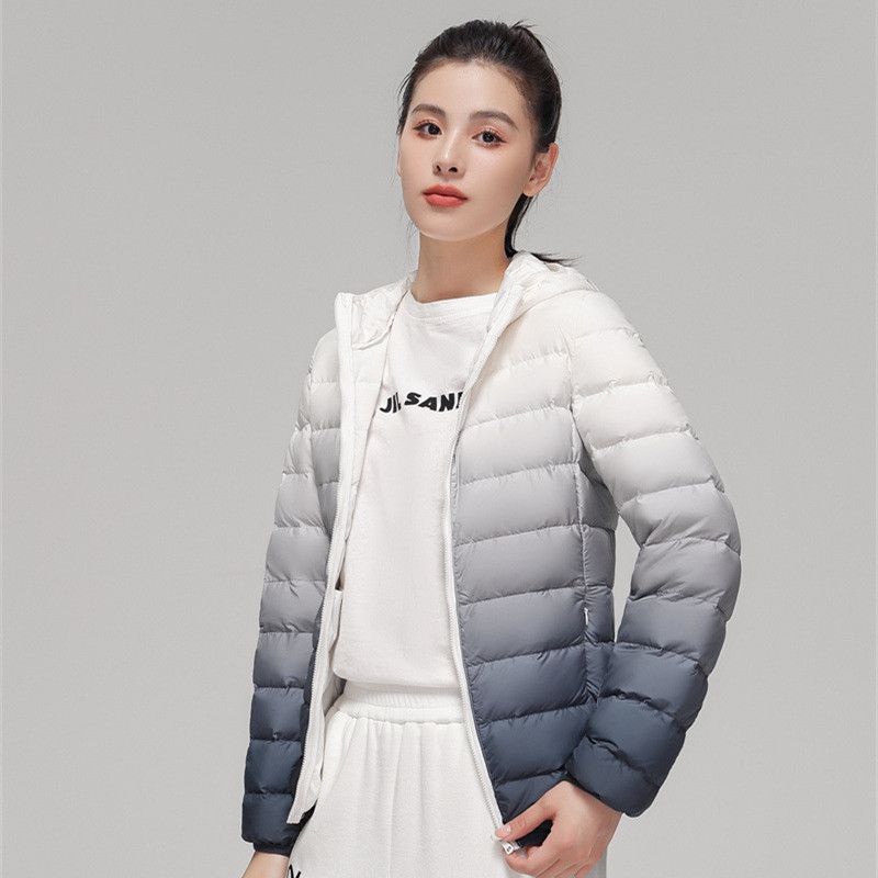 Women's Autumn And Winter New 90-down Light Down Jacket Women's Hooded Gradual Change Color Contrasting Coat_ecoleips.com