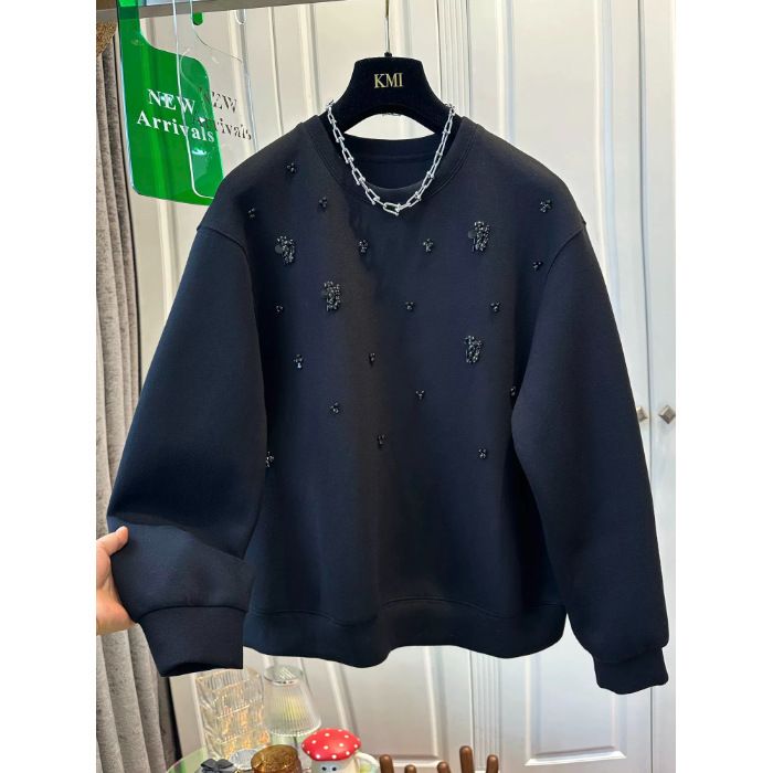 "Retro Beaded Sweatshirt For Women – Heavy Duty Fleece, Loose Fit Slimming Top (Black, M-4XL)"_ecoleips.com