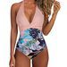 One Piece Swimsuit Women's Multi Color Printed Stitching Backless Halterneck Lace up Swimwear Backless Halterneck Swimwear_ecoleips.com