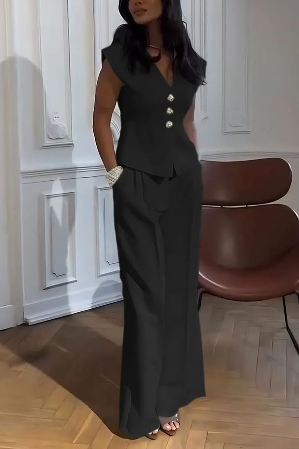 Women's Clothing Casual High End Suit V Neck Cap Sleeve Two Piece Suit_ecoleips.com