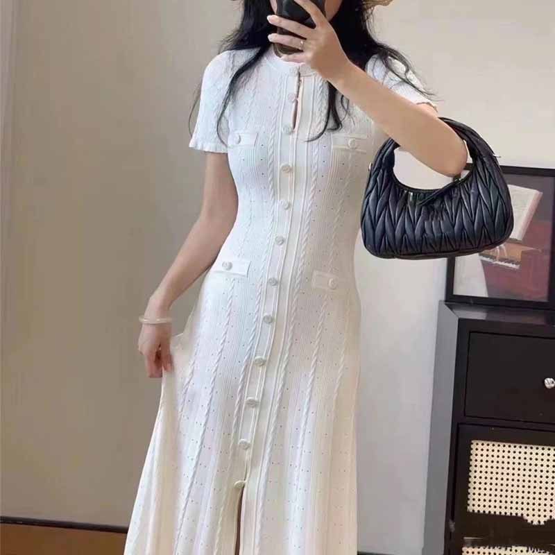 Elegant Short Sleeve Knitted Dress French Style Hollow Out Ribbed Long Skirt Single Breasted Button Fit Women's Dress_ecoleips.com