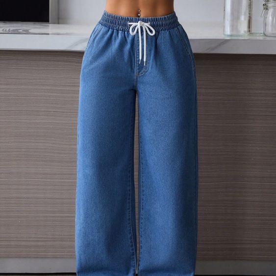 Women's Clothing High-Waisted Wide-Leg Pants Drawstring Elastic Waist Jeans Suitable_ecoleips.com