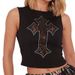 Women's round Neck Sleeveless Cropped Vest Top Cross Embroidery Rhinestone Pattern New Cross Border Clothing 2025_ecoleips.com