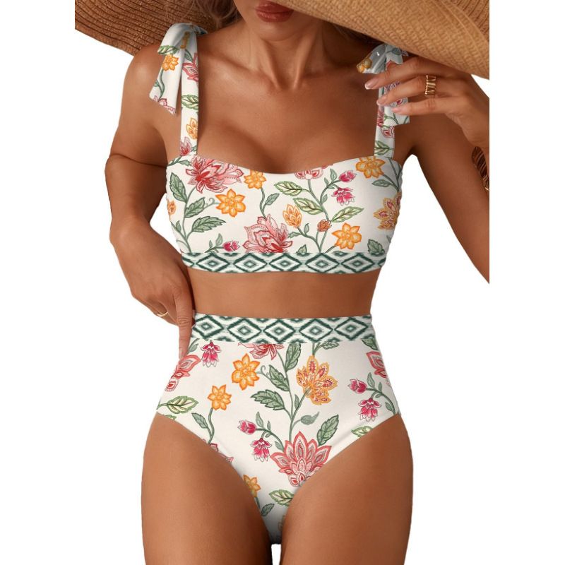 Women's Striped High-Waisted Bikini Set 2 Piece Swimwear Lace-Up Shoulder Detailing_ecoleips.com
