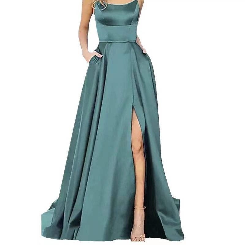 Women's Clothing Bridesmaid Dress Long Evening Gown With Short Train Straps Solid Color Women's Wedding Party Wear_ecoleips.com