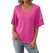 Women's Solid Color V-Neck Short Sleeve Top With Flutter Sleeves, Soft Casual Blouse For Everyday Wear_ecoleips.com