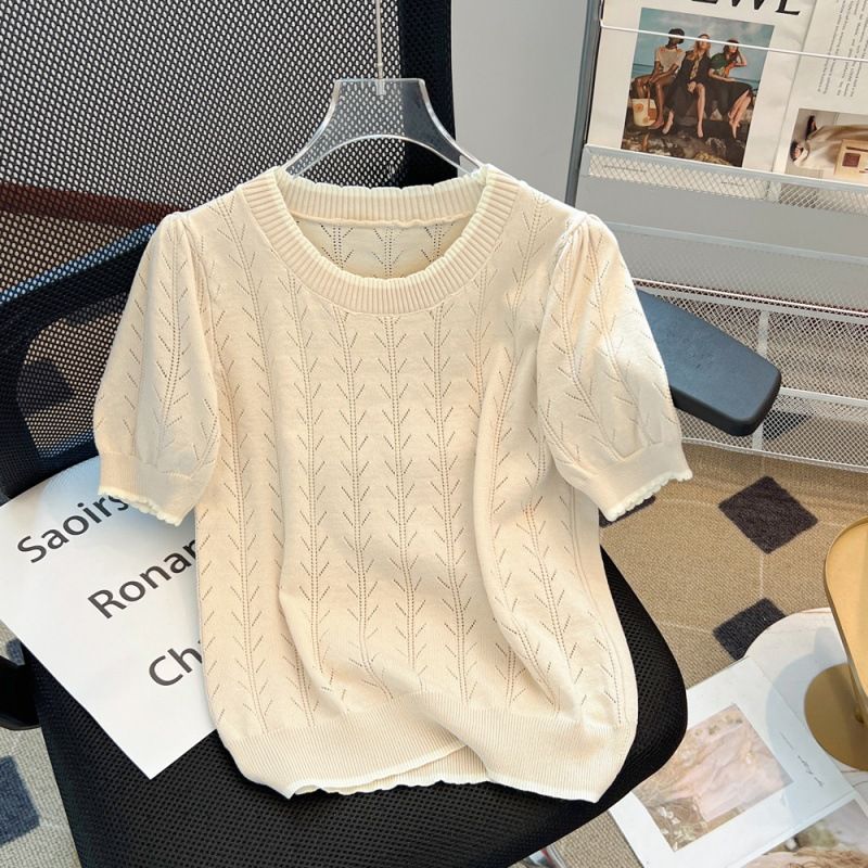 Fresh Hollow Quality Round Neck Short Sleeve T Shirt Small Shirt Versatile Slim Ice Silk Knitted Sweater Top_ecoleips.com