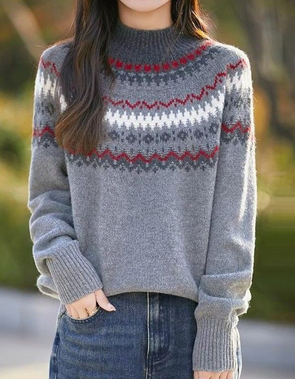 "Nordic Fair Isle Knit Sweater – Women's Thick Acrylic Winter Pullover (Navy/Red/Gray, S-5XL, Snowflake & Reindeer Jacquard)"_ecoleips.com