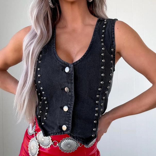 Women's Clothing Summer Trendy Sleeveless Studded V Neck Denim Vest_ecoleips.com